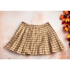 Forever 21 Plaid Pleated Skirt Sz M Tartan Mini Tan Clueless Academia 90s Y2K